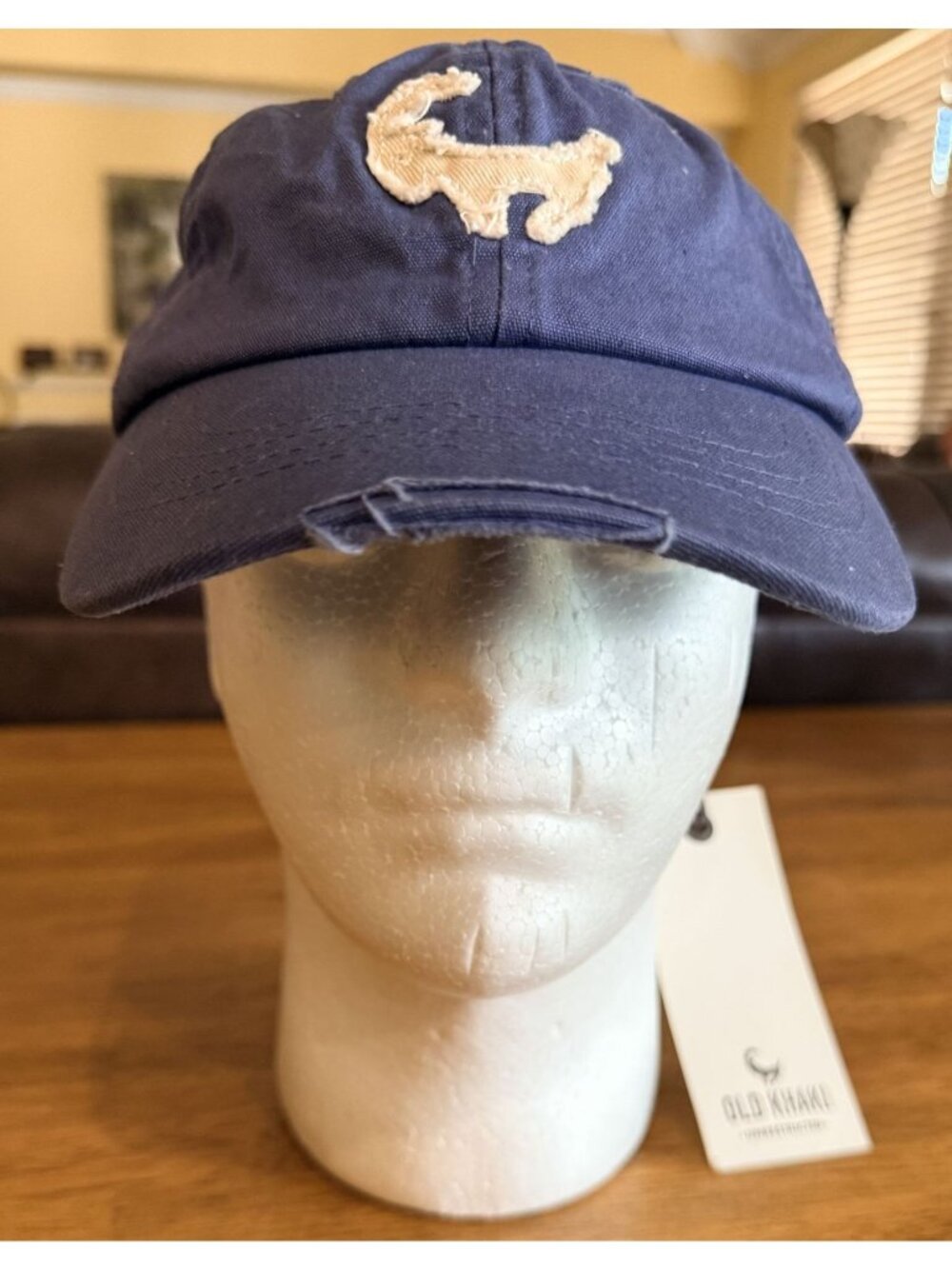 Old Khaki Distressed Navy Blue Adjustable Cap With Embroidered Dog Logo